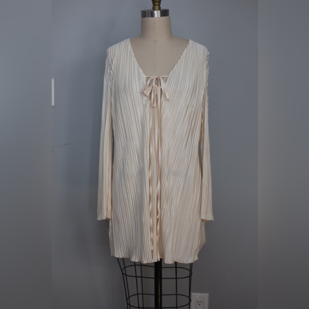 Micro pleat tie front dress with bell sleeve
